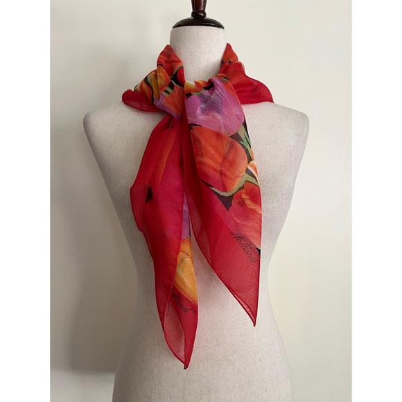 Vintage Kemtrade Holland Red Orange Tulip Flowers Silky Polyester Spring Scarf - Picture 5 of 6